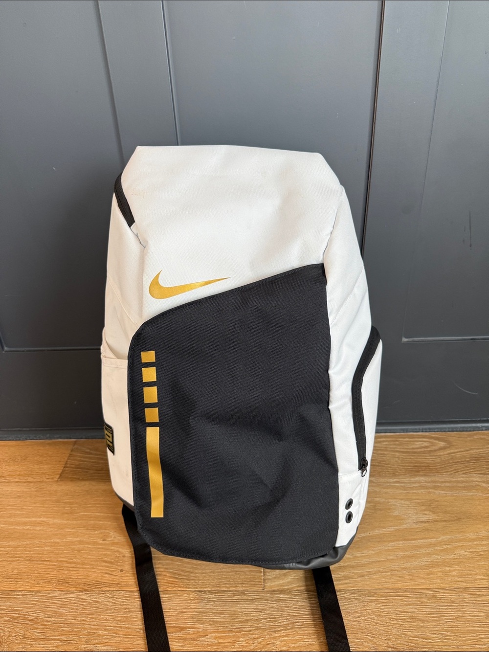 Nike White, Black, Gold Elite Basketball Backpack with Swoosh